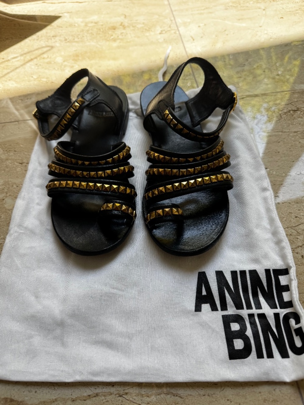 Anine Bing Black Leather Gold Stud Gladiator